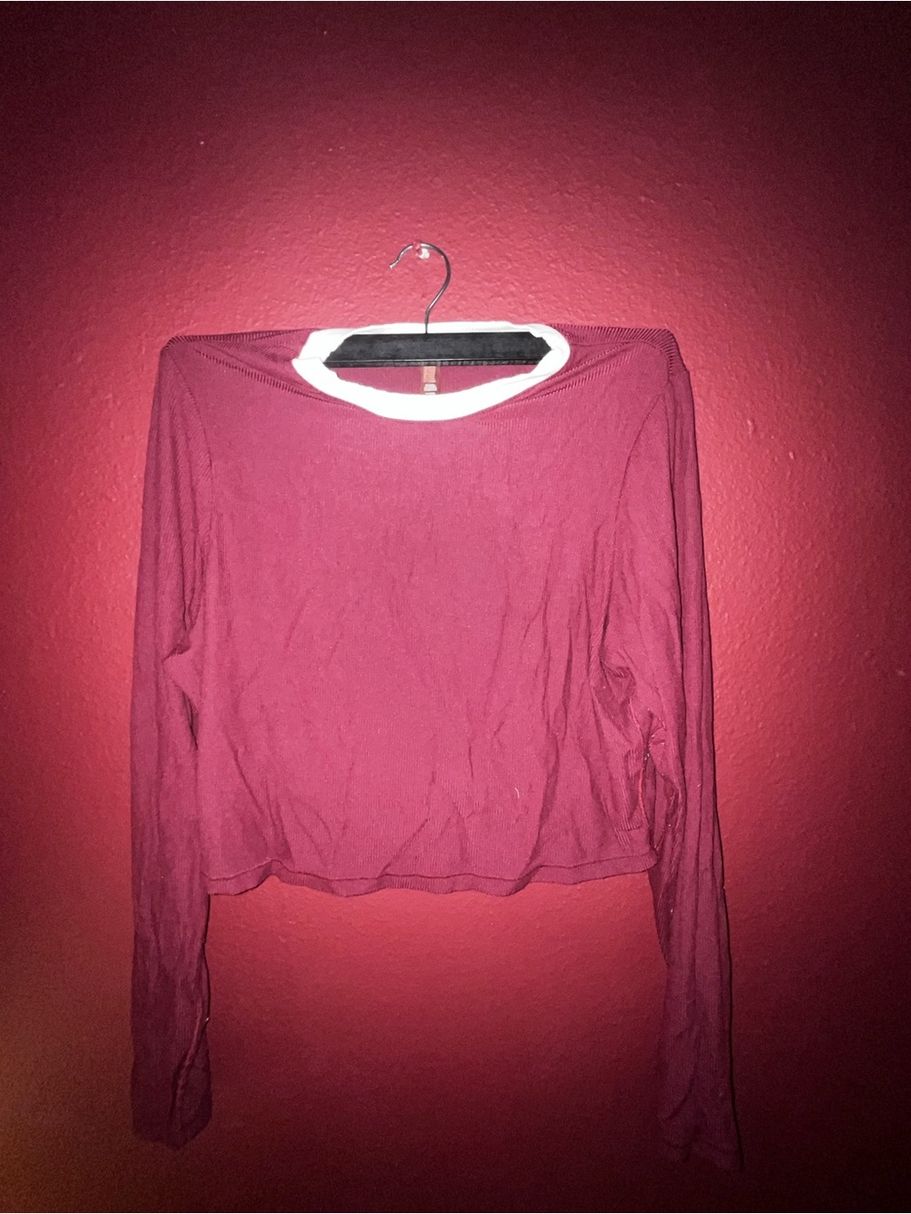 SKIMS Burgundy Long-Sleeve Cropped Top with White Crew Neck